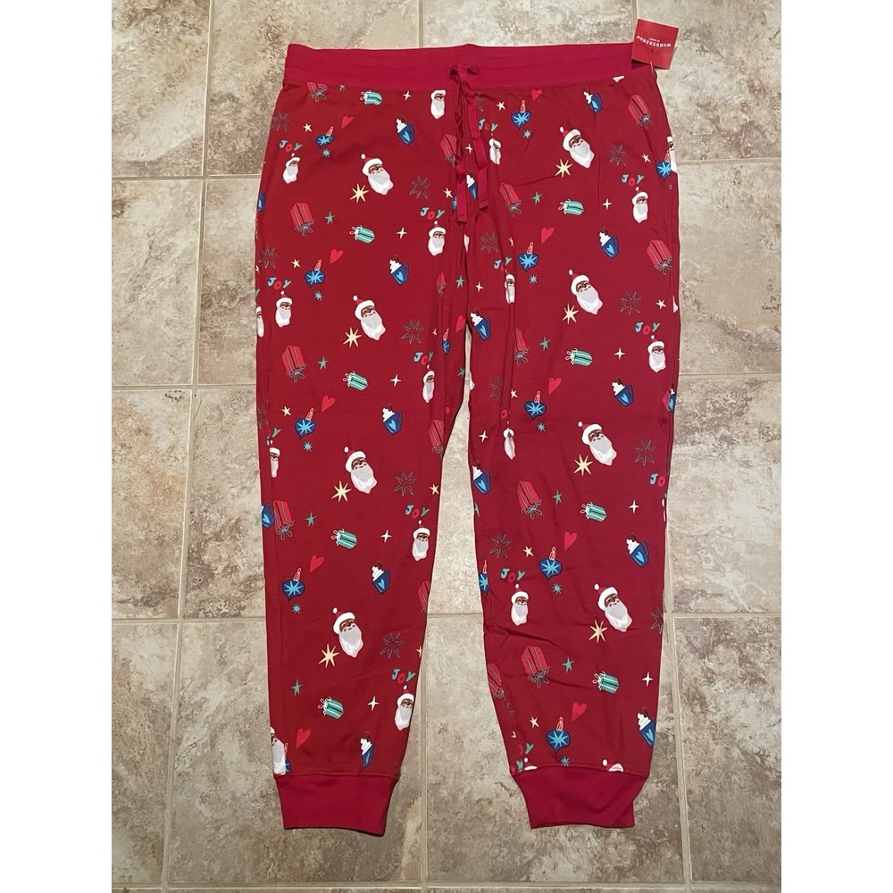 WORKSHOP Women's Red Sants Print Cotton Ribbed Holiday Pajama Pants Size 1X NWT